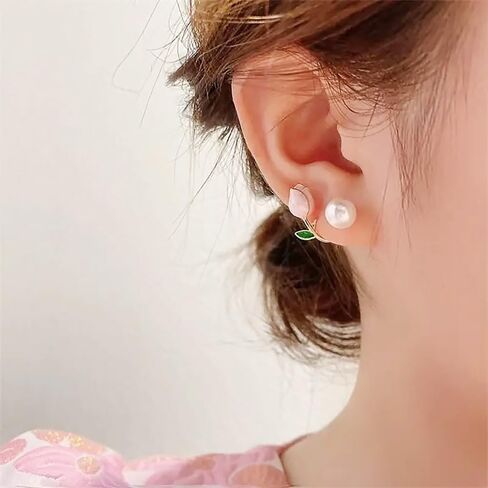 Fresh Pink Rose Stud Earrings with Imitation Pearl Fancy Accessories for Women in Kuwait