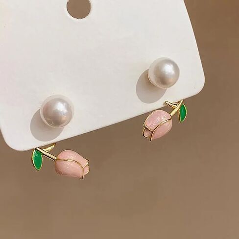 Fresh Pink Rose Stud Earrings with Imitation Pearl Fancy Accessories for Women in Kuwait