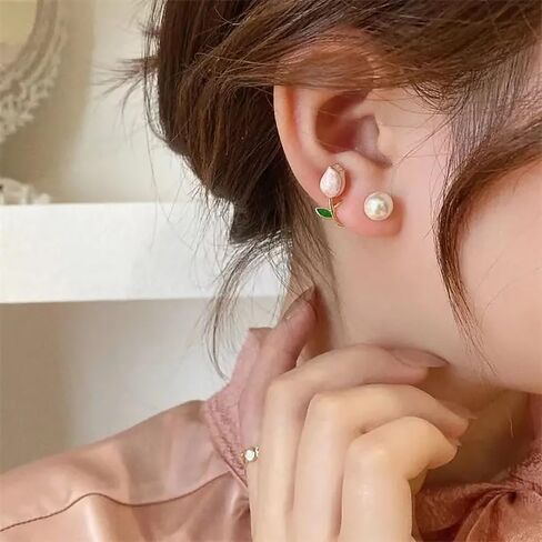 Fresh Pink Rose Stud Earrings with Imitation Pearl Fancy Accessories for Women in Kuwait