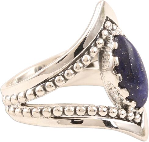 NOVICA Artisan صناعة يدوية .925 فضة لازورد خاتم كوكتيل أحجار كريمة هندية جوهرة الميلاد "عين اللازورد" in Kuwait