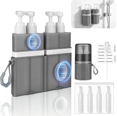 4 in 1 Travel Dispenser Bottles, TSA Approved Leak Proof Refillable Toiletry Containers with Vacuum Suction Cup for Smooth Walls, Portable Empty Bottle Set for Shampoo Conditioner Body Wash in Saudi Arabia