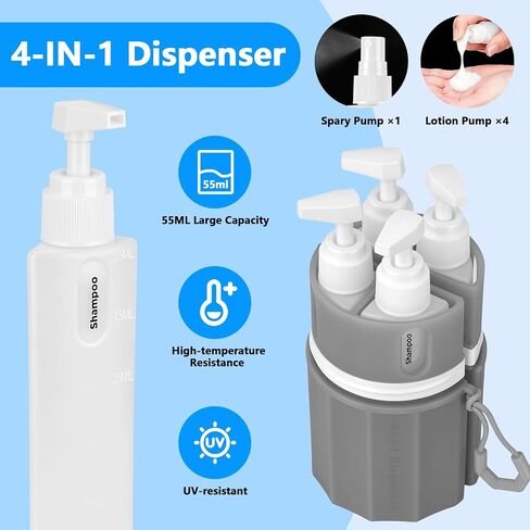 4 in 1 Travel Dispenser Bottles, TSA Approved Leak Proof Refillable Toiletry Containers with Vacuum Suction Cup for Smooth Walls, Portable Empty Bottle Set for Shampoo Conditioner Body Wash in Saudi Arabia