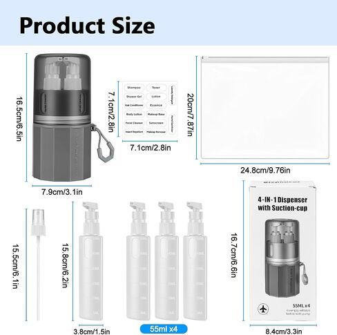 4 in 1 Travel Dispenser Bottles, TSA Approved Leak Proof Refillable Toiletry Containers with Vacuum Suction Cup for Smooth Walls, Portable Empty Bottle Set for Shampoo Conditioner Body Wash in Saudi Arabia