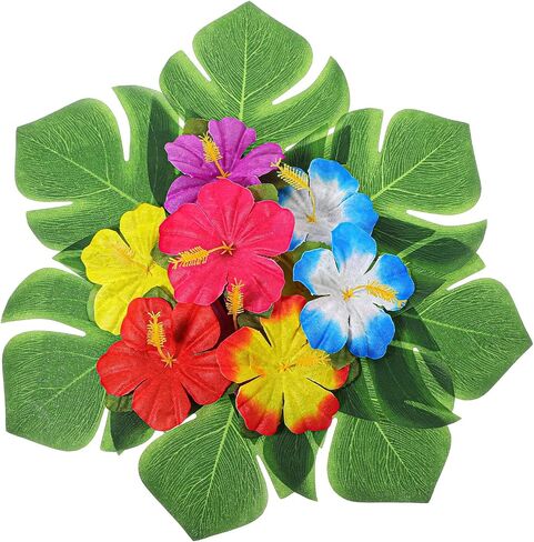 60Pcs Tropical Party Decorations Supplies - 20cm/7.8" Tropical Palm Leaves and Artificial Hibiscus Flowers for Hawaiian Luau Party Table Decor in Saudi Arabia