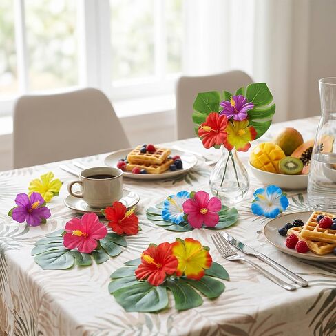 60Pcs Tropical Party Decorations Supplies - 20cm/7.8" Tropical Palm Leaves and Artificial Hibiscus Flowers for Hawaiian Luau Party Table Decor in Saudi Arabia
