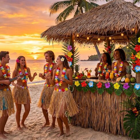60Pcs Tropical Party Decorations Supplies - 20cm/7.8" Tropical Palm Leaves and Artificial Hibiscus Flowers for Hawaiian Luau Party Table Decor in Saudi Arabia