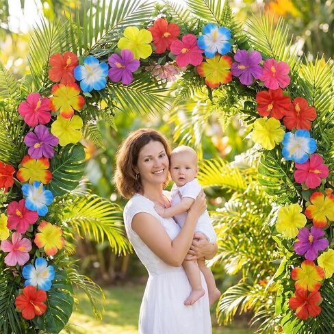 60Pcs Tropical Party Decorations Supplies - 20cm/7.8" Tropical Palm Leaves and Artificial Hibiscus Flowers for Hawaiian Luau Party Table Decor in Saudi Arabia