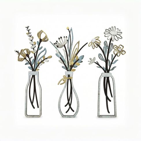 WONGSAI Wooden Flower Wall Art Set of 3, No Drill Rustic Farmhouse Decor for Living Room Bedroom, Minimalist Natural Wooden Flowers, Housewarming Gift Gold in Saudi Arabia