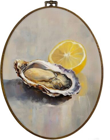 dvhdajed Vintage Oysters Lemon Oval Wall Art Decor, Coastal Oyster Shell Framed Canvas Art, Farmhouse Coastal Beachy Oyster Oval Wall Hanging Decor for Kitchen, Oysters Beachy Decorations, 8.7x11.3 in Saudi Arabia