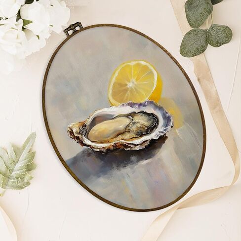 dvhdajed Vintage Oysters Lemon Oval Wall Art Decor, Coastal Oyster Shell Framed Canvas Art, Farmhouse Coastal Beachy Oyster Oval Wall Hanging Decor for Kitchen, Oysters Beachy Decorations, 8.7x11.3 in Saudi Arabia
