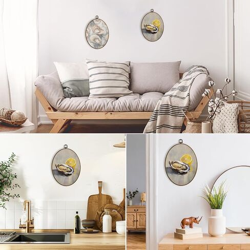 dvhdajed Vintage Oysters Lemon Oval Wall Art Decor, Coastal Oyster Shell Framed Canvas Art, Farmhouse Coastal Beachy Oyster Oval Wall Hanging Decor for Kitchen, Oysters Beachy Decorations, 8.7x11.3 in Saudi Arabia