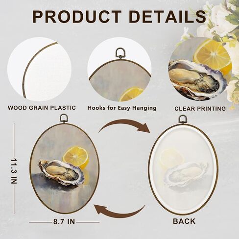 dvhdajed Vintage Oysters Lemon Oval Wall Art Decor, Coastal Oyster Shell Framed Canvas Art, Farmhouse Coastal Beachy Oyster Oval Wall Hanging Decor for Kitchen, Oysters Beachy Decorations, 8.7x11.3 in Saudi Arabia