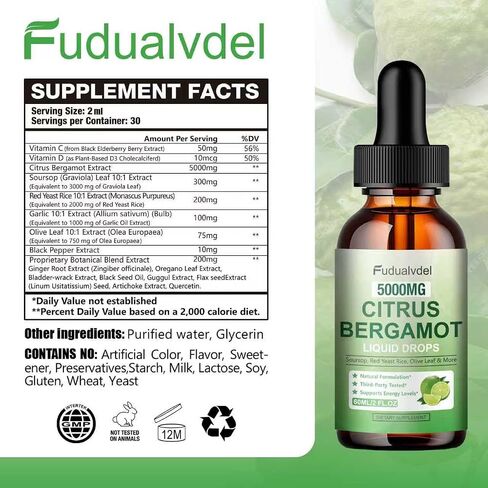 2 Packs 5000mg Citrus Bergamot Liquid Drops,Reduce Triglycerides Bergamot Supplement for High Cholesterol, Immune Support for Anti Aging,Antioxidant,Lime Bitter,Natural Olive Leaf Extract,4 Fl Oz in Kuwait