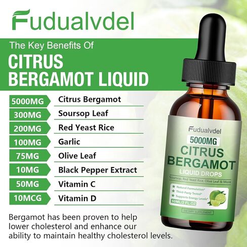 2 Packs 5000mg Citrus Bergamot Liquid Drops,Reduce Triglycerides Bergamot Supplement for High Cholesterol, Immune Support for Anti Aging,Antioxidant,Lime Bitter,Natural Olive Leaf Extract,4 Fl Oz in Kuwait