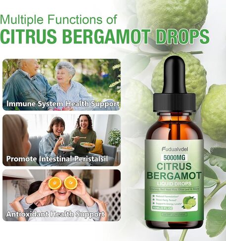 2 Packs 5000mg Citrus Bergamot Liquid Drops,Reduce Triglycerides Bergamot Supplement for High Cholesterol, Immune Support for Anti Aging,Antioxidant,Lime Bitter,Natural Olive Leaf Extract,4 Fl Oz in Kuwait