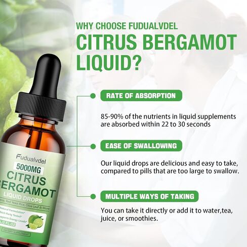 2 Packs 5000mg Citrus Bergamot Liquid Drops,Reduce Triglycerides Bergamot Supplement for High Cholesterol, Immune Support for Anti Aging,Antioxidant,Lime Bitter,Natural Olive Leaf Extract,4 Fl Oz in Kuwait
