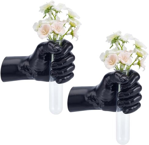 ahandmaker 2pcs منحوتات الجدار الأسود الأيدي اليسرى المزهريات ديكور المنزل جدار جبل الفن النحت مزهرية زهرة غير تقليدي مع أنبوب اختبار للديكور الفريد في غرف المعيشة والمدخل وغرفة اليدين اليسرى in Kuwait