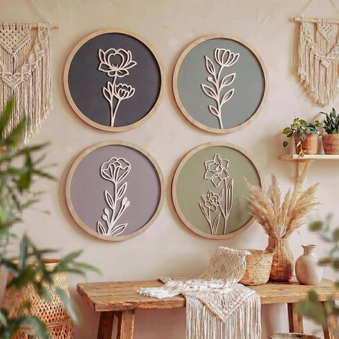 AceOrbit 4 Pcs Wooden Floral Bathroom Wall Decor 3D Neutral Flower Earth Tones Wall Boho Art Botanical Farmhouse Bathroom Decorations for Living Room Bedroom Office Home Decorations in Saudi Arabia