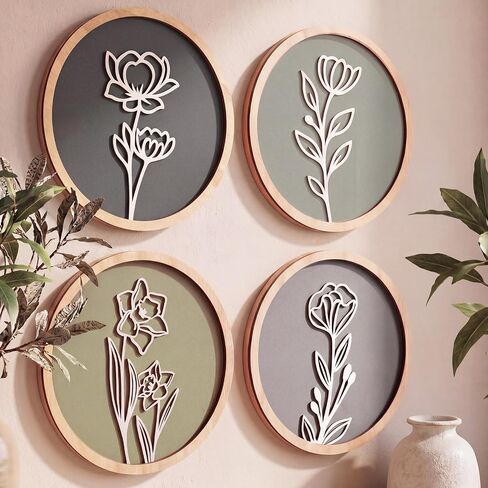 AceOrbit 4 Pcs Wooden Floral Bathroom Wall Decor 3D Neutral Flower Earth Tones Wall Boho Art Botanical Farmhouse Bathroom Decorations for Living Room Bedroom Office Home Decorations in Saudi Arabia