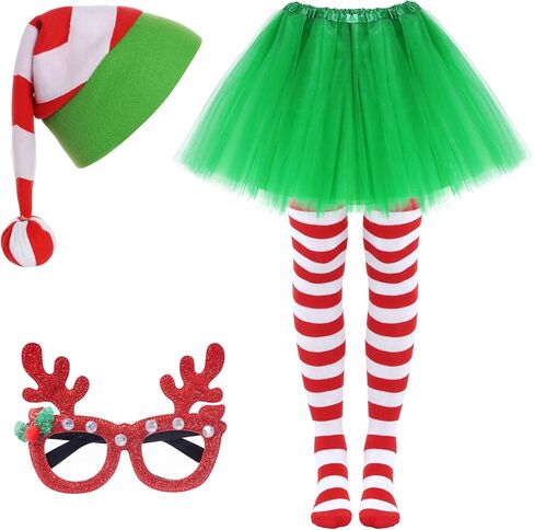 Yookat 5-Piece Women's Christmas Costume Set (Tutu Skirt, Hat, Socks, Glasses) - Green in Saudi Arabia