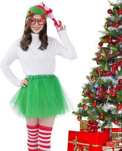 Yookat 5-Piece Women's Christmas Costume Set (Tutu Skirt, Hat, Socks, Glasses) - Green in Saudi Arabia