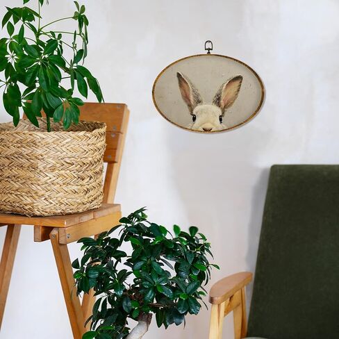 Hiuwevt Easter Bunny Oval Wall Art Decor, Rustic Farmhouse Bunny Framed Canvas Prints, Neutral Easter Rabbit Oval Wall Hanging Decor for Home Bedroom Living Room Decorations, 8.6x11.4 Inches in Saudi Arabia