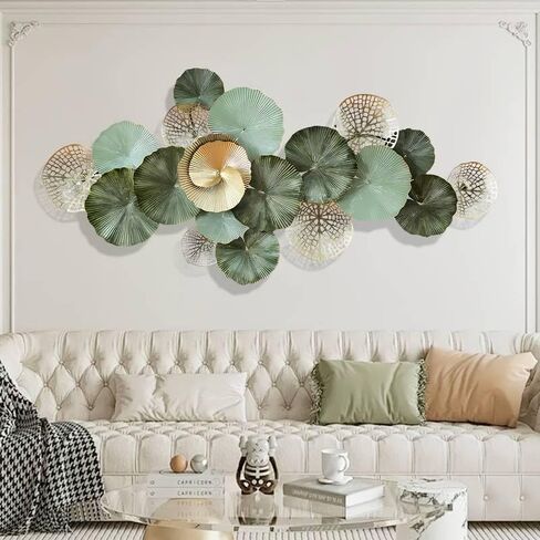 ديكور حائط كبير، ديكور حائط معدني كبير الحجم، تصميم لوتس كبير مقاس 54 × 26 بوصة، ديكور منزلي من أوراق الشجر ثلاثي الأبعاد عصري ريفي، عمل فني معدني معلق لغرفة المعيشة وغرفة النوم وغرفة الطعام. in Kuwait