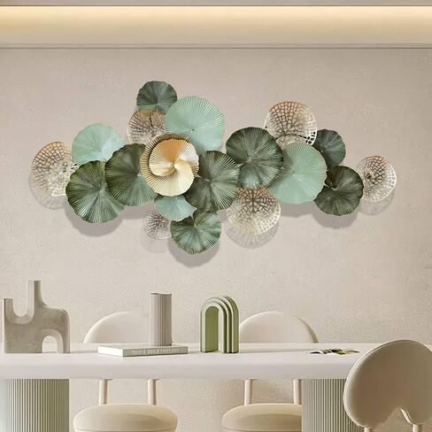 ديكور حائط كبير، ديكور حائط معدني كبير الحجم، تصميم لوتس كبير مقاس 54 × 26 بوصة، ديكور منزلي من أوراق الشجر ثلاثي الأبعاد عصري ريفي، عمل فني معدني معلق لغرفة المعيشة وغرفة النوم وغرفة الطعام. in Kuwait
