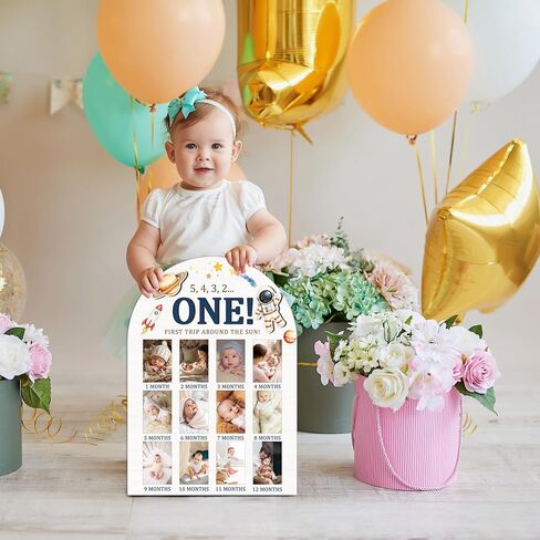 3D First Trip Around The Sun My First Year Photo Board, Space Baby Milestone Signs for Boys Girls Nursery Decor, 12 Month Wooden Picture Board for 2x3 Photos, Best Baby Keepsake Gifts-B16 in Saudi Arabia
