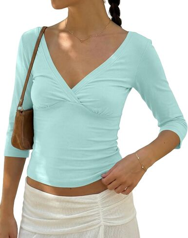 Cioatin Women 3/4 Long Sleeve Wrap V Neck Crop Tshirt Tops V Open Back Retro Tee Y2K Minimalist Slim Fit Summe Going Out Tops in Saudi Arabia