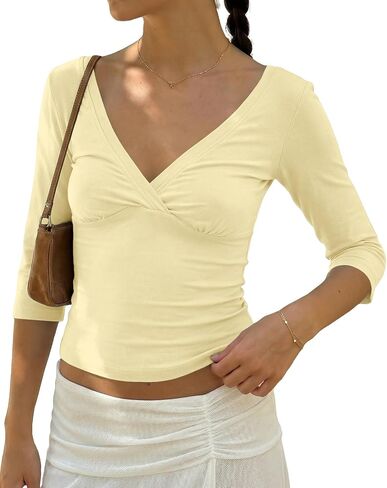 Cioatin Women 3/4 Long Sleeve Wrap V Neck Crop Tshirt Tops V Open Back Retro Tee Y2K Minimalist Slim Fit Summe Going Out Tops in Saudi Arabia