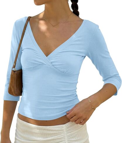 Cioatin Women 3/4 Long Sleeve Wrap V Neck Crop Tshirt Tops V Open Back Retro Tee Y2K Minimalist Slim Fit Summe Going Out Tops in Saudi Arabia