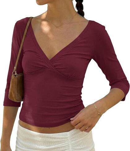 Cioatin Women 3/4 Long Sleeve Wrap V Neck Crop Tshirt Tops V Open Back Retro Tee Y2K Minimalist Slim Fit Summe Going Out Tops in Saudi Arabia