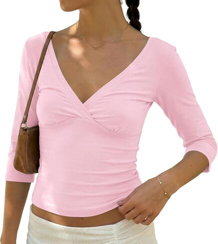 Cioatin Women 3/4 Long Sleeve Wrap V Neck Crop Tshirt Tops V Open Back Retro Tee Y2K Minimalist Slim Fit Summe Going Out Tops in Saudi Arabia