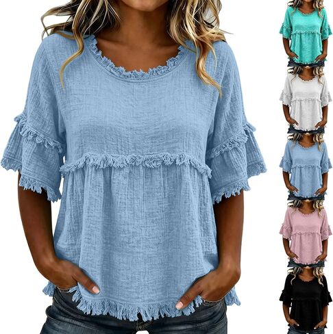 Womens Linen Tops Summer Casual Short Sleeve Shirts Fringe Retro Cotton Linen Blouses Raw Hem Beach Clothes in Saudi Arabia
