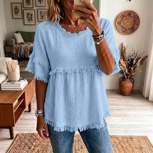 Womens Linen Tops Summer Casual Short Sleeve Shirts Fringe Retro Cotton Linen Blouses Raw Hem Beach Clothes in Saudi Arabia