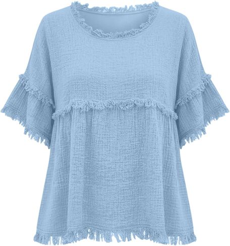 Womens Linen Tops Summer Casual Short Sleeve Shirts Fringe Retro Cotton Linen Blouses Raw Hem Beach Clothes in Saudi Arabia
