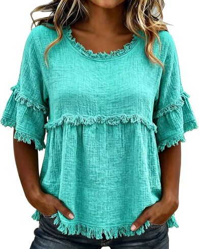 Womens Linen Tops Summer Casual Short Sleeve Shirts Fringe Retro Cotton Linen Blouses Raw Hem Beach Clothes in Saudi Arabia