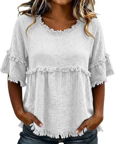 Womens Linen Tops Summer Casual Short Sleeve Shirts Fringe Retro Cotton Linen Blouses Raw Hem Beach Clothes in Saudi Arabia