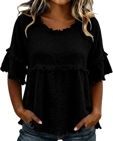 Womens Linen Tops Summer Casual Short Sleeve Shirts Fringe Retro Cotton Linen Blouses Raw Hem Beach Clothes in Saudi Arabia