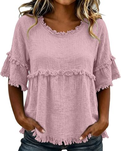 Womens Linen Tops Summer Casual Short Sleeve Shirts Fringe Retro Cotton Linen Blouses Raw Hem Beach Clothes in Saudi Arabia