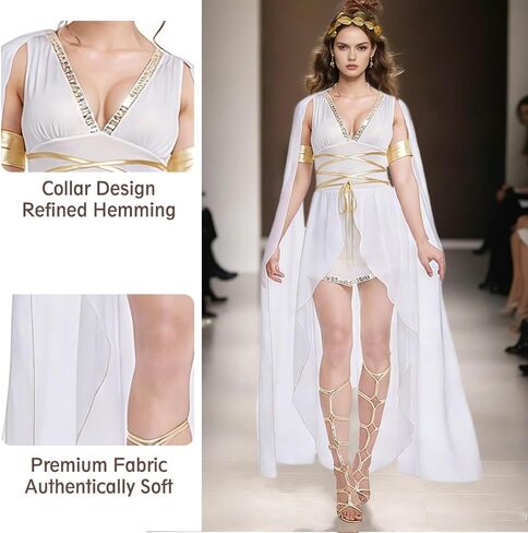 Medieval Halloween Costume Cosplay Ancient Roman Greek Goddess Carnival Stage Costume 4pcs Set: Headpiece + Dress + Waist Cord + Bracelets x2, White - XL in Kuwait
