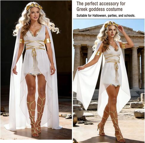 Medieval Halloween Costume Cosplay Ancient Roman Greek Goddess Carnival Stage Costume 4pcs Set: Headpiece + Dress + Waist Cord + Bracelets x2, White - XL in Kuwait
