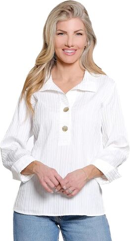 Ali Miles Women's Clothing | Yarn Dye Stripe Button Up point Collar 3/4 Cuff Sleeves straight Hem in Saudi Arabia