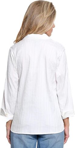 Ali Miles Women's Clothing | Yarn Dye Stripe Button Up point Collar 3/4 Cuff Sleeves straight Hem in Saudi Arabia
