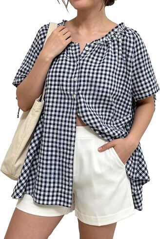 Women Gingham Tunic Casual Short Sleeve Pleated Scoop Neck Button Down Shirts Summer Top Loose Flowy Babydoll Blouse(Navy,S) in Saudi Arabia