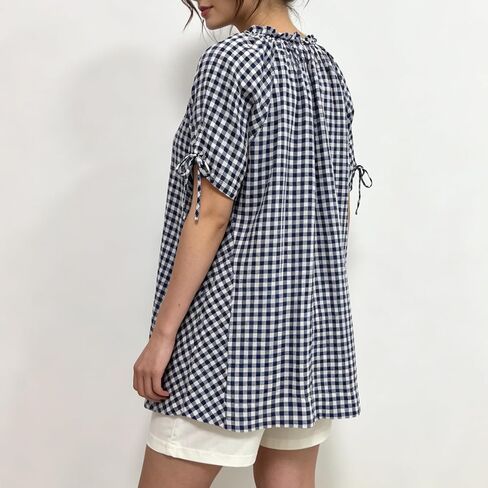 Women Gingham Tunic Casual Short Sleeve Pleated Scoop Neck Button Down Shirts Summer Top Loose Flowy Babydoll Blouse(Navy,S) in Saudi Arabia