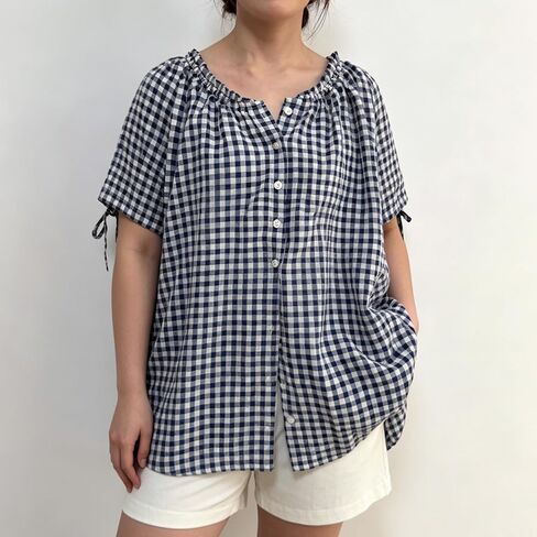Women Gingham Tunic Casual Short Sleeve Pleated Scoop Neck Button Down Shirts Summer Top Loose Flowy Babydoll Blouse(Navy,S) in Saudi Arabia