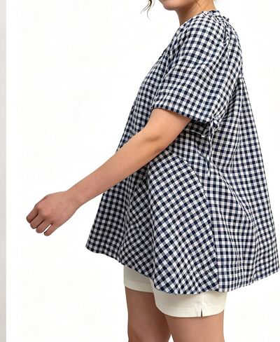 Women Gingham Tunic Casual Short Sleeve Pleated Scoop Neck Button Down Shirts Summer Top Loose Flowy Babydoll Blouse(Navy,S) in Saudi Arabia