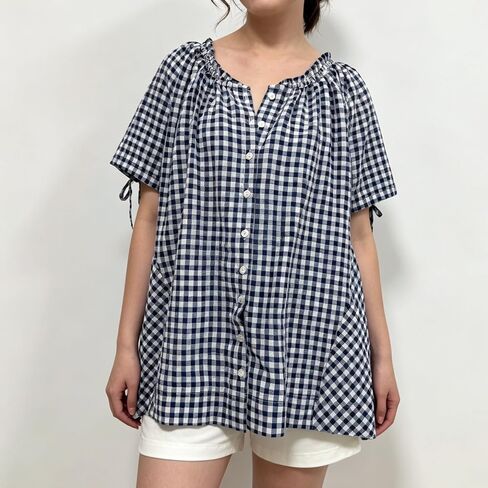 Women Gingham Tunic Casual Short Sleeve Pleated Scoop Neck Button Down Shirts Summer Top Loose Flowy Babydoll Blouse(Navy,S) in Saudi Arabia